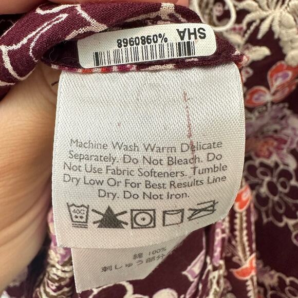 EDDIE BAUER Floral Paisley Embroidered Burgundy Boho Peasant Tunic Cotton Large - Picture 7 of 7